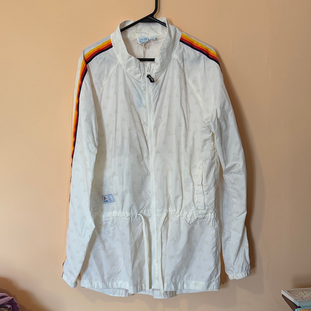 Aldi White Windbreaker Jacket with Rainbow Shoulder Stripes